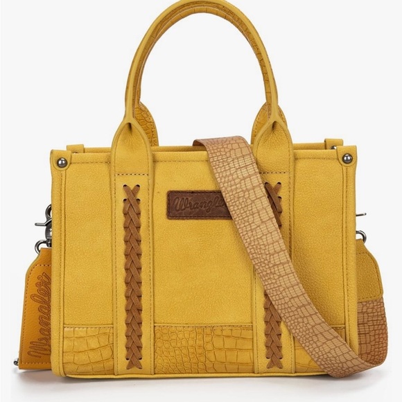 Wrangler small tote crossbody bag yellow and tan vegan leather, detachable strap - Picture 3 of 6